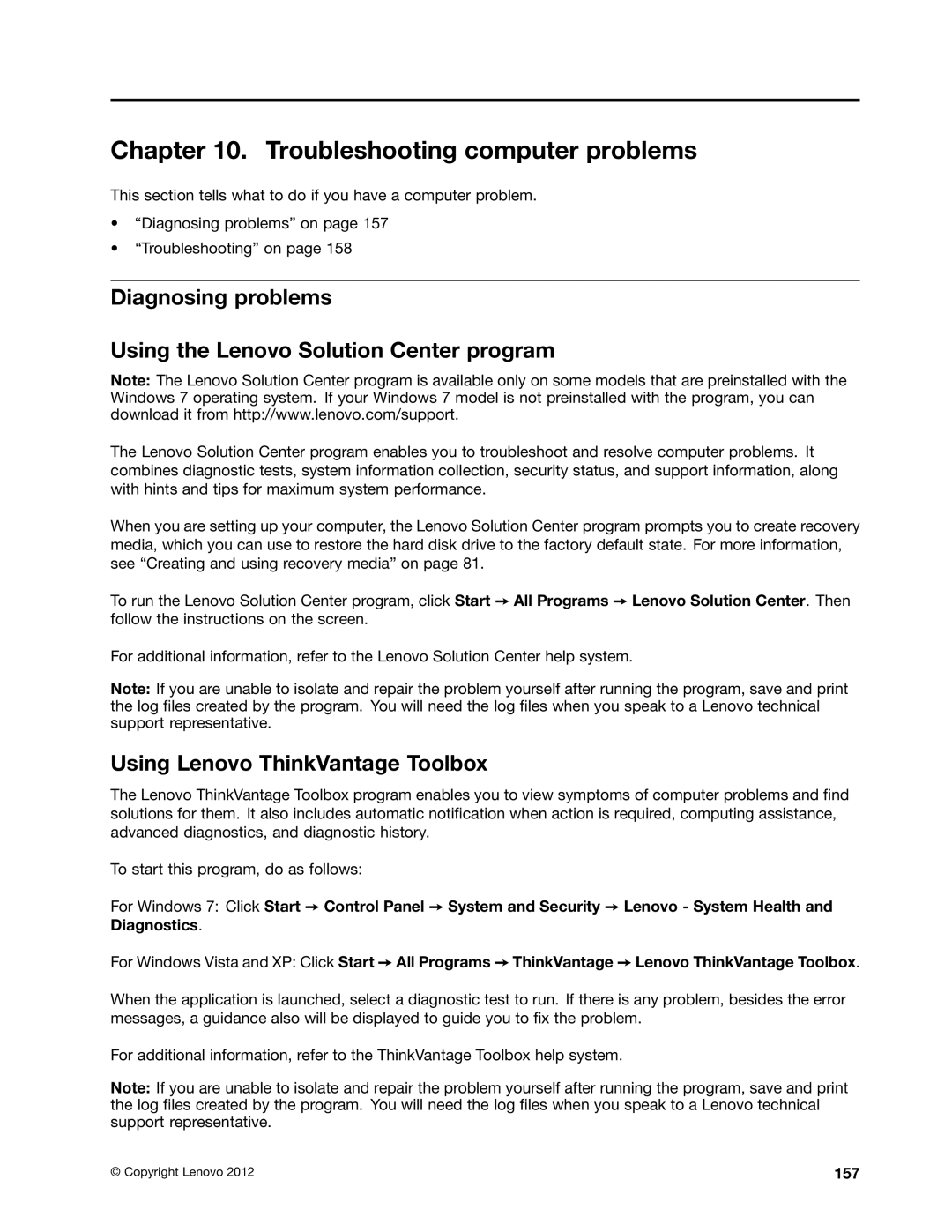 Lenovo 5016W78 manual Troubleshooting computer problems, Using Lenovo ThinkVantage Toolbox, 157 