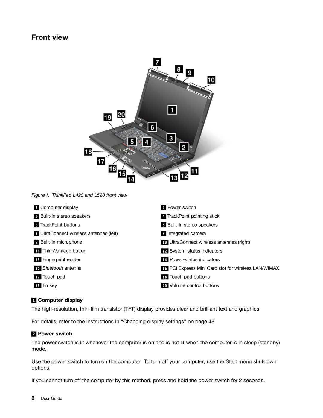 Lenovo 5016W78 manual Front view, Computer display, Power switch 