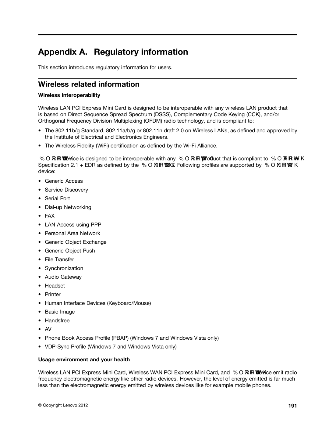 Lenovo 5016W78 manual Appendix A. Regulatory information, Wireless related information, Wireless interoperability, 191 