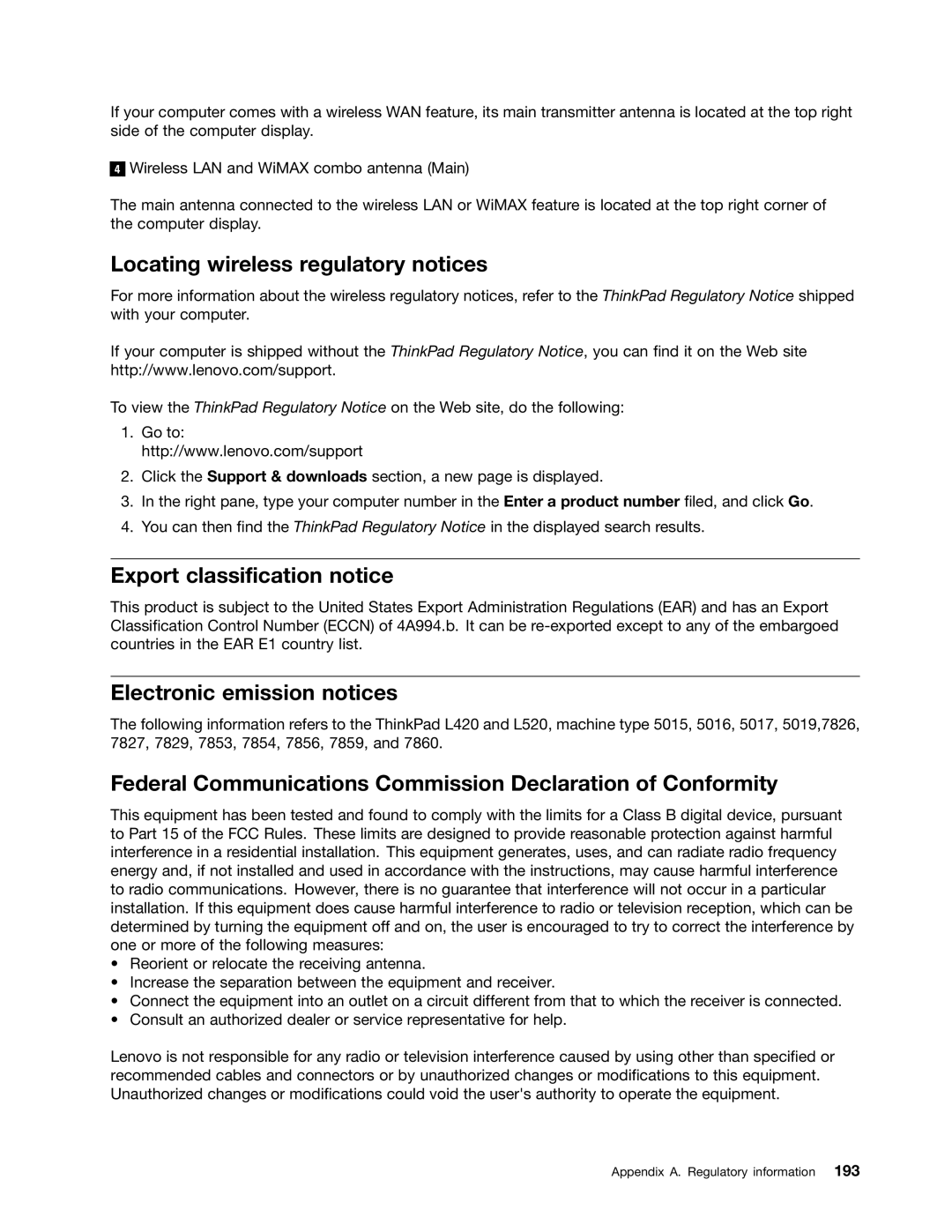 Lenovo 5016W78 manual Locating wireless regulatory notices, Export classification notice, Electronic emission notices 