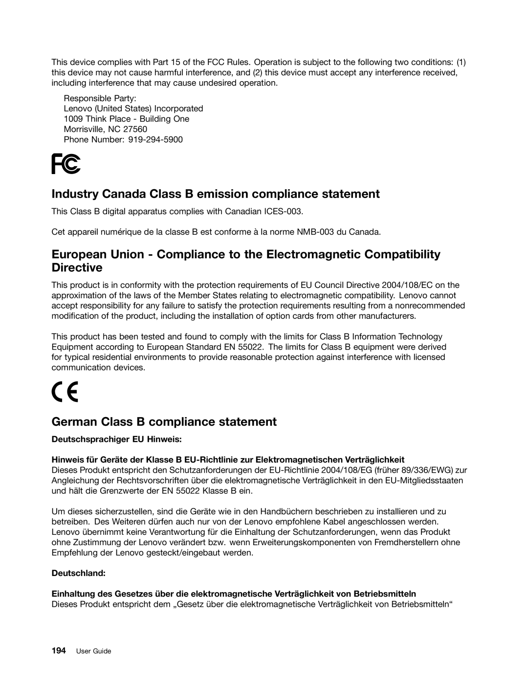 Lenovo 5016W78 manual Industry Canada Class B emission compliance statement, German Class B compliance statement 