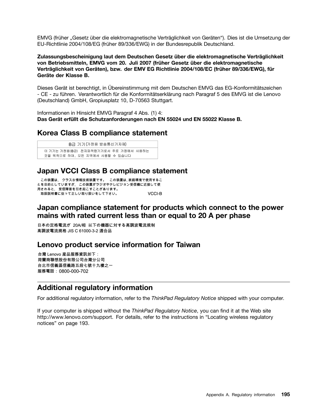 Lenovo 5016W78 manual Appendix A. Regulatory information 