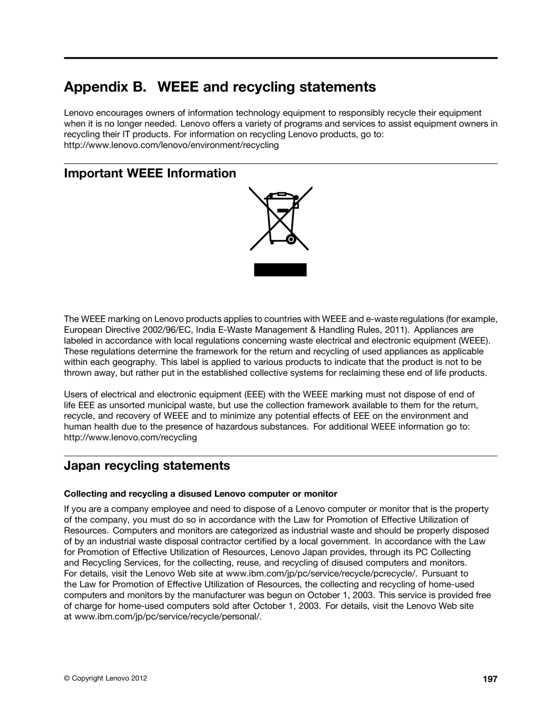 Lenovo 5016W78 Appendix B. Weee and recycling statements, Important Weee Information, Japan recycling statements, 197 