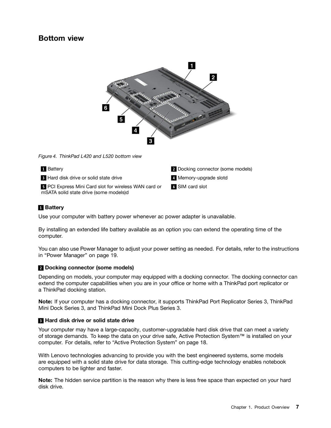 Lenovo 5016W78 manual Bottom view, Battery, Docking connector some models, Hard disk drive or solid state drive 