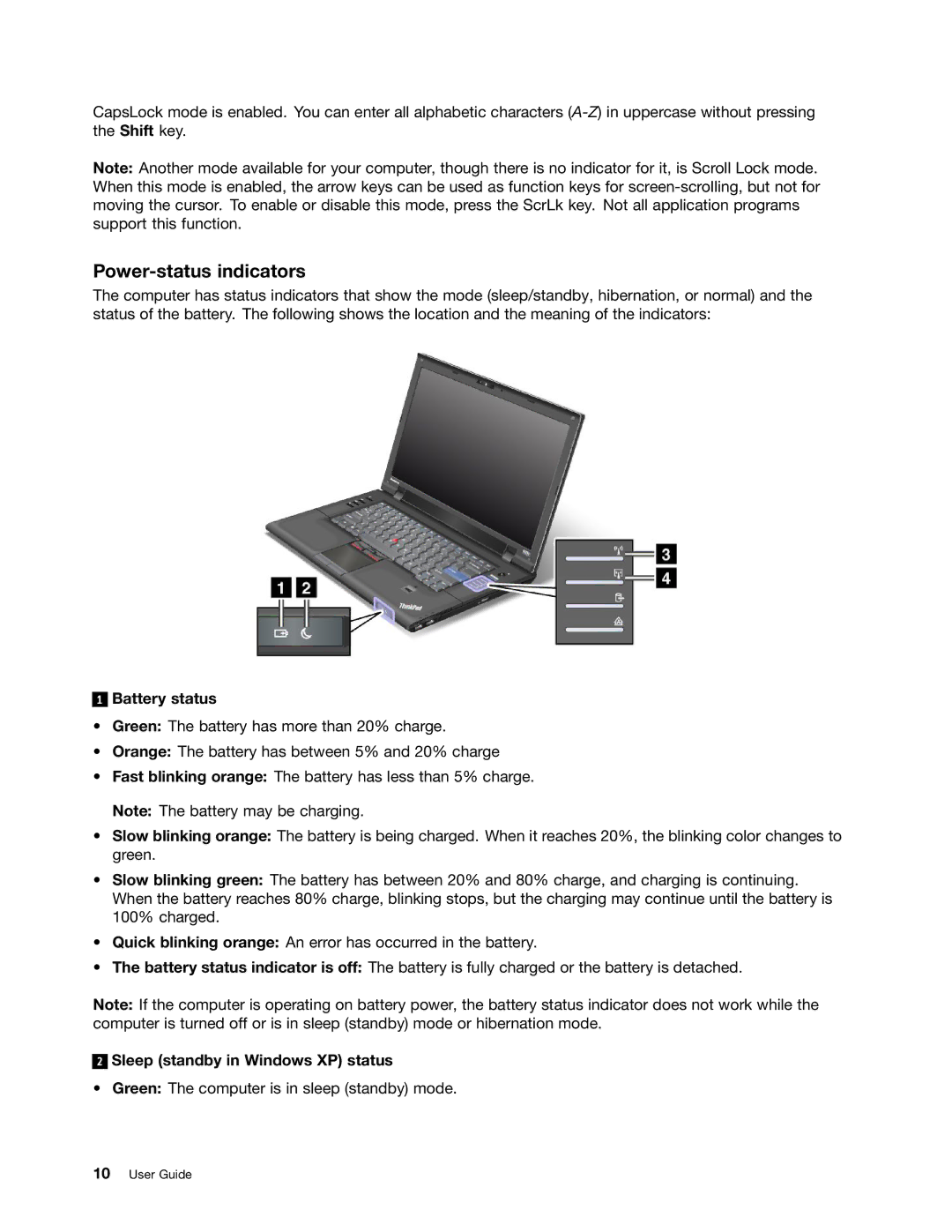 Lenovo 5016W78 manual Power-status indicators, Battery status, Sleep standby in Windows XP status 