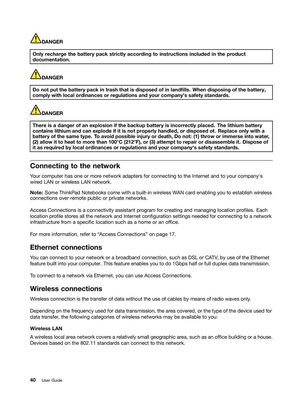 Lenovo 5016W78 manual Connecting to the network, Ethernet connections, Wireless connections, Wireless LAN 