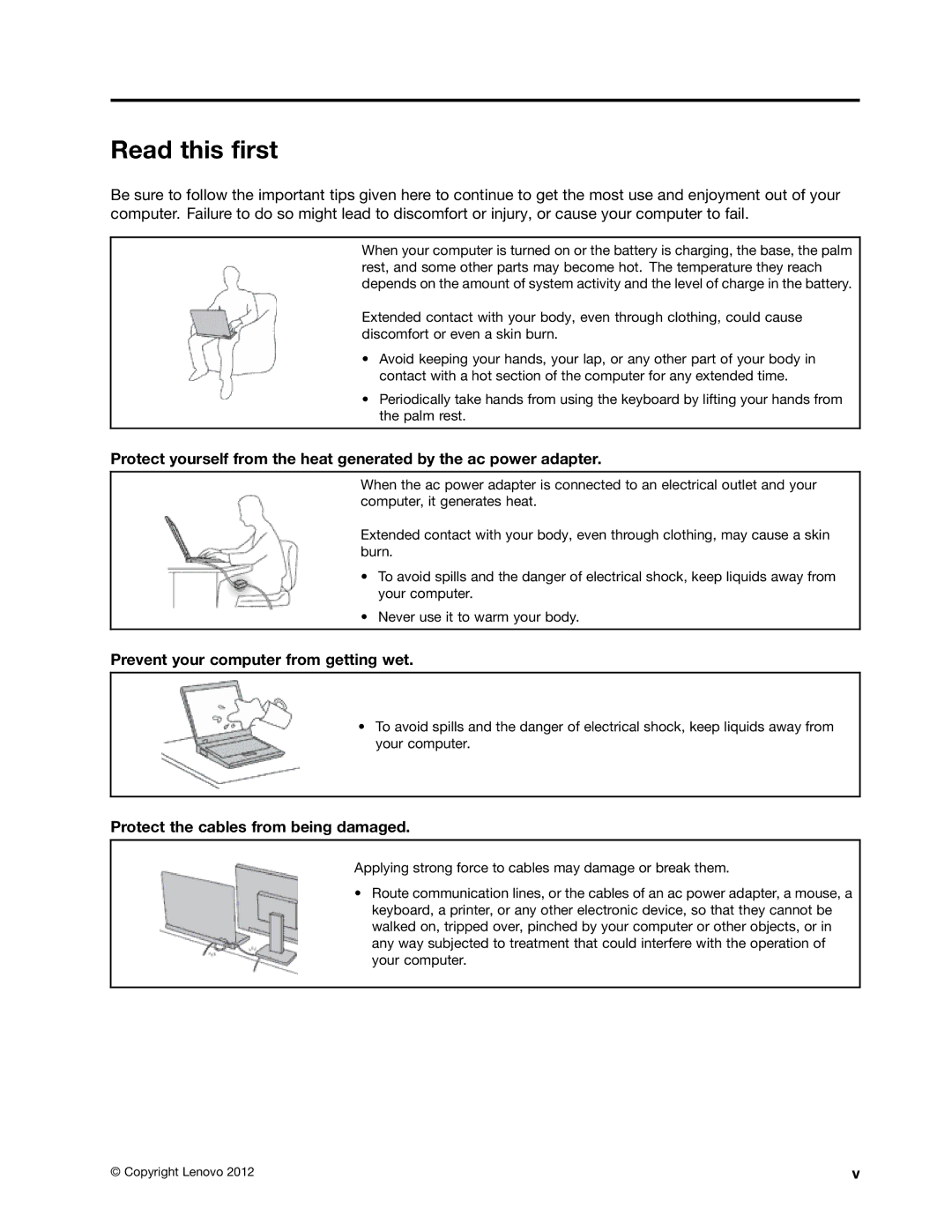 Lenovo 5016W78 manual Read this first, Prevent your computer from getting wet, Protect the cables from being damaged 