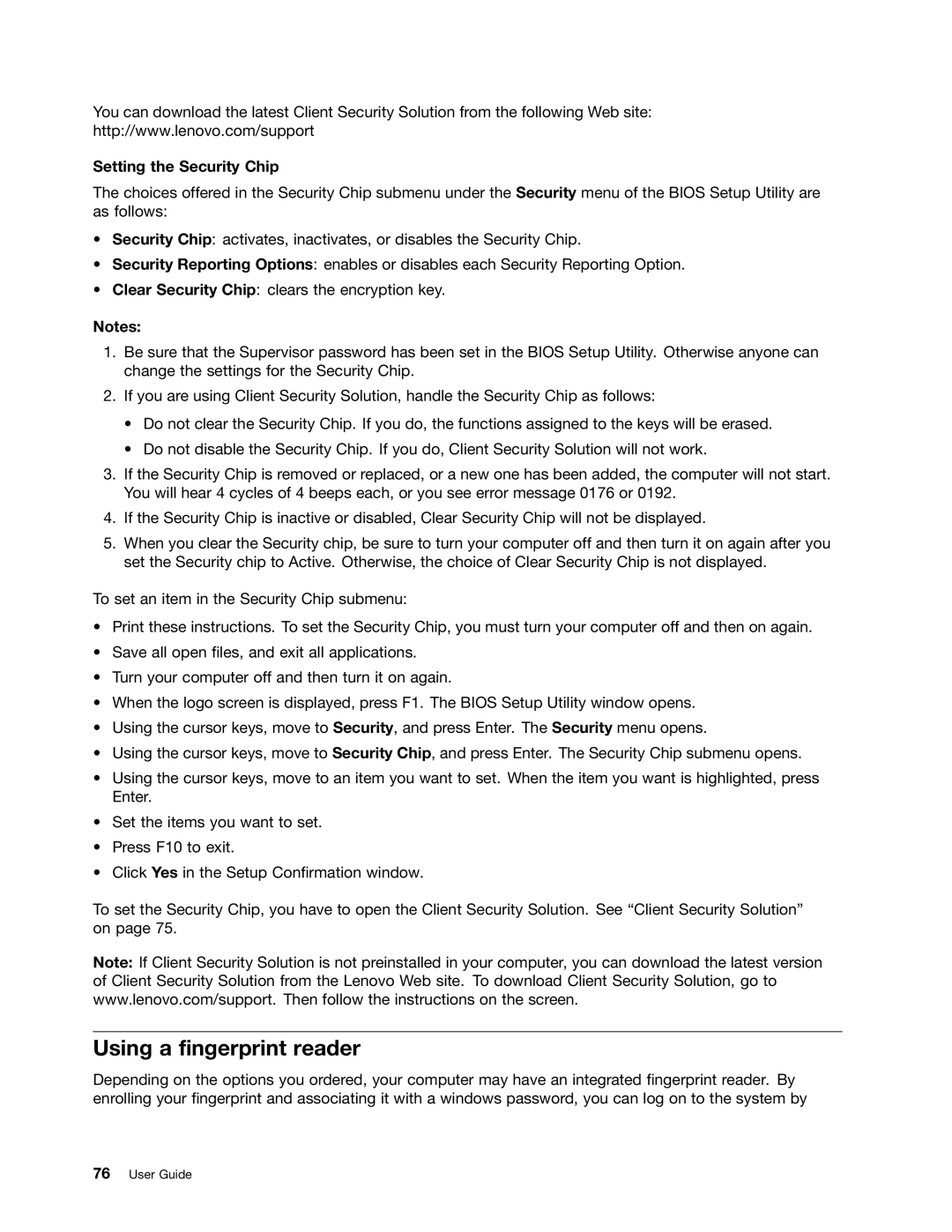 Lenovo 5016W78 manual Using a fingerprint reader, Setting the Security Chip 