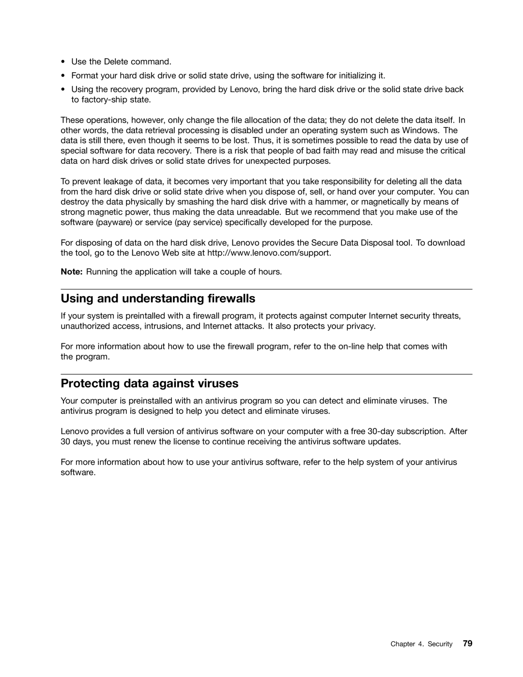 Lenovo 5016W78 manual Using and understanding firewalls, Protecting data against viruses 
