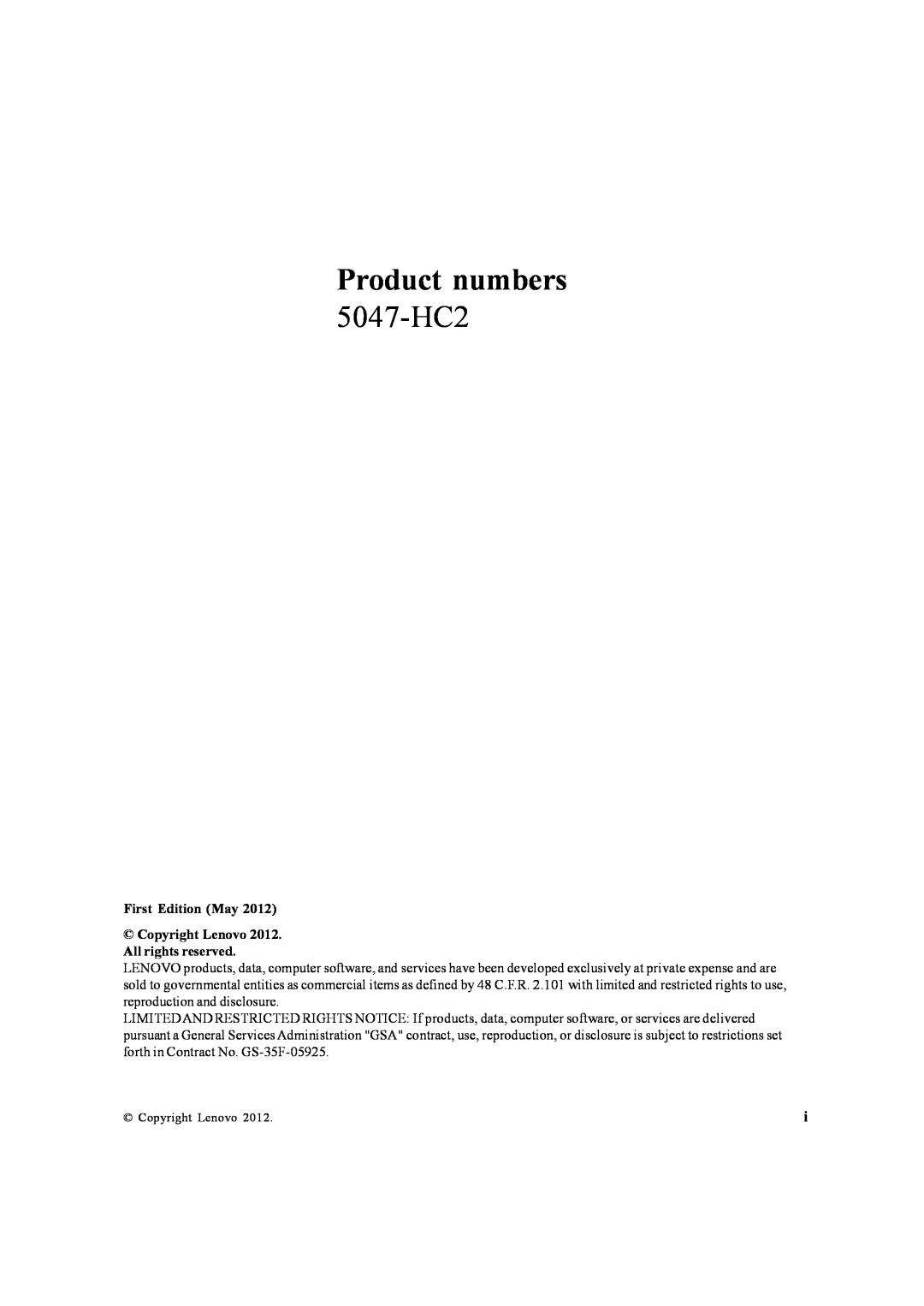 Lenovo 5047HC2 manual Product numbers, 5047-HC2, First Edition May Copyright Lenovo 2012. All rights reserved 