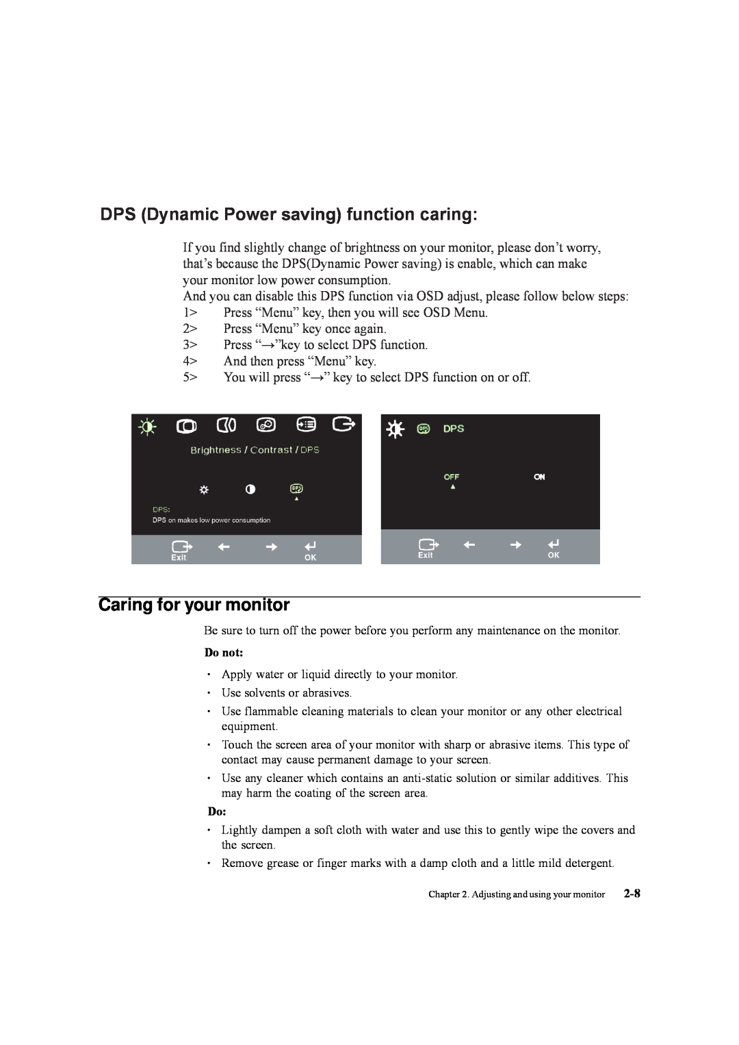 Lenovo 5047HC2 manual DPS Dynamic Power saving function caring, Caring for your monitor 