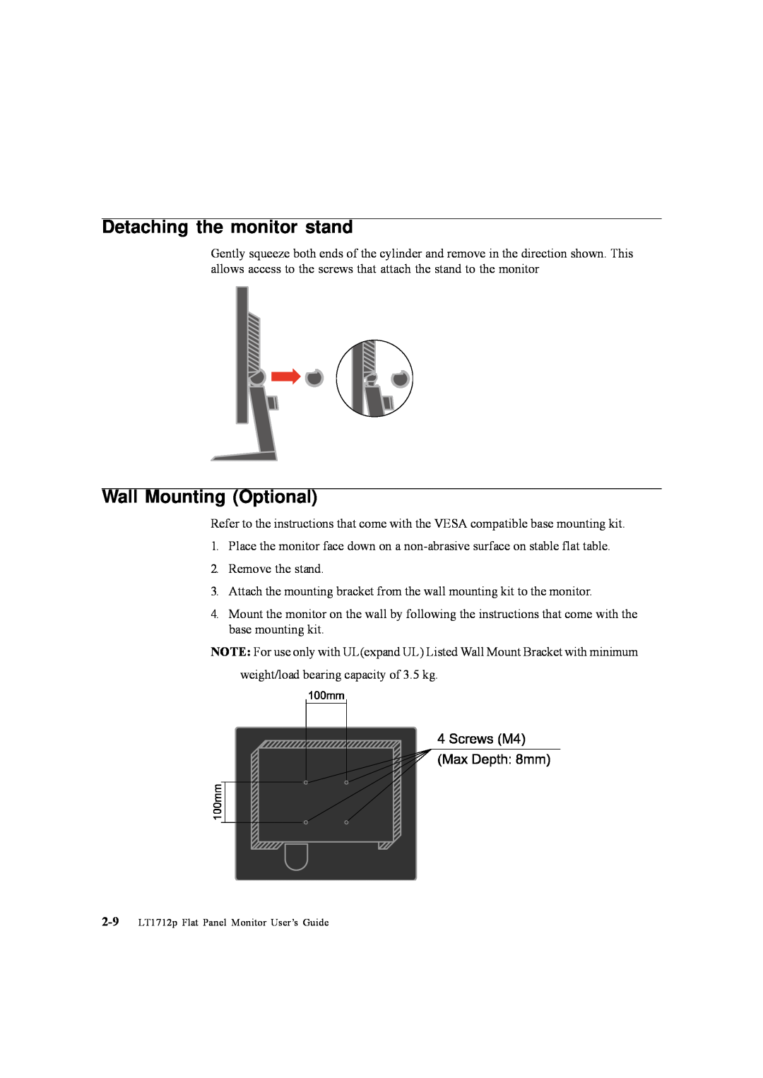 Lenovo 5047HC2 manual Detaching the monitor stand, Wall Mounting Optional 