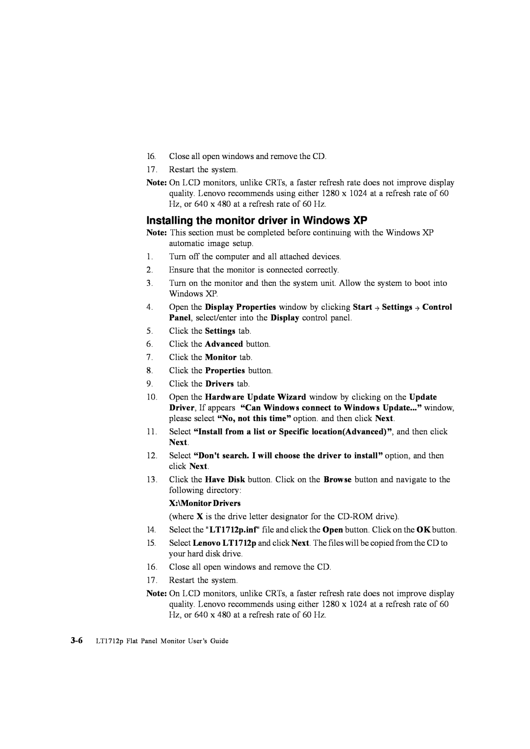 Lenovo 5047HC2 manual Installing the monitor driver in Windows XP, 3-6 LT1712p Flat Panel Monitor User’s Guide 