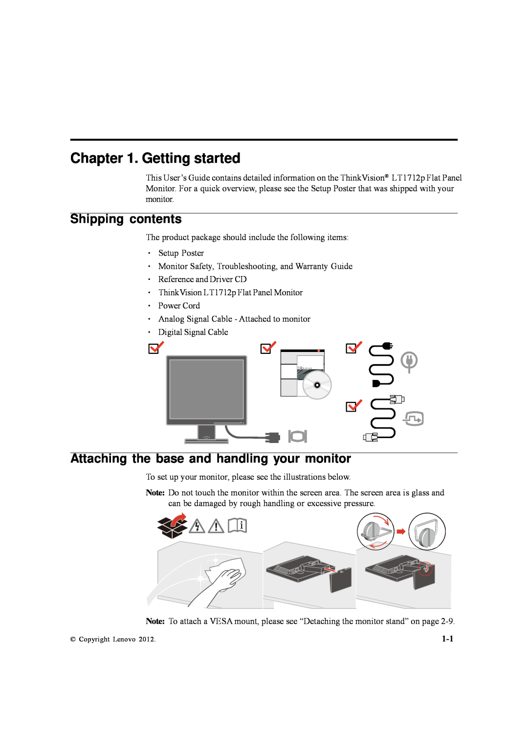 Lenovo 5047HC2 manual Getting started, Shipping contents, Attaching the base and handling your monitor 