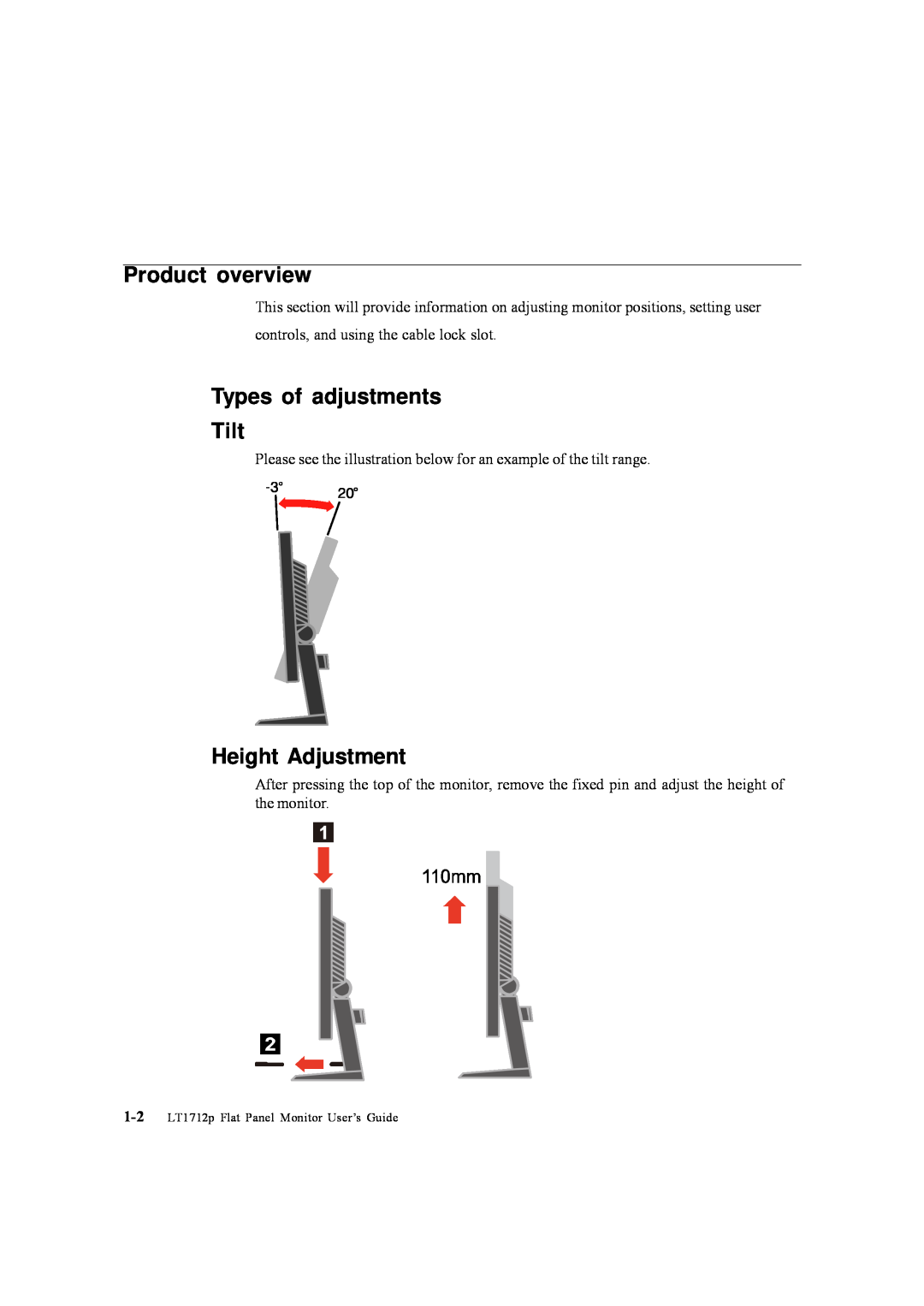 Lenovo 5047HC2 manual Product overview, Types of adjustments Tilt, Height Adjustment 