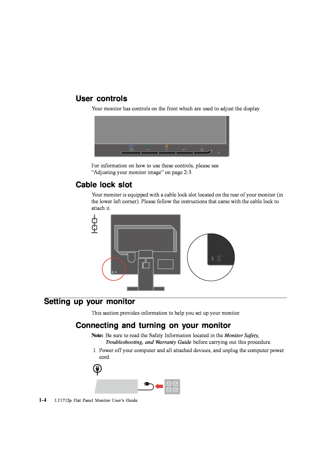 Lenovo 5047HC2 manual User controls, Cable lock slot, Setting up your monitor, Connecting and turning on your monitor 