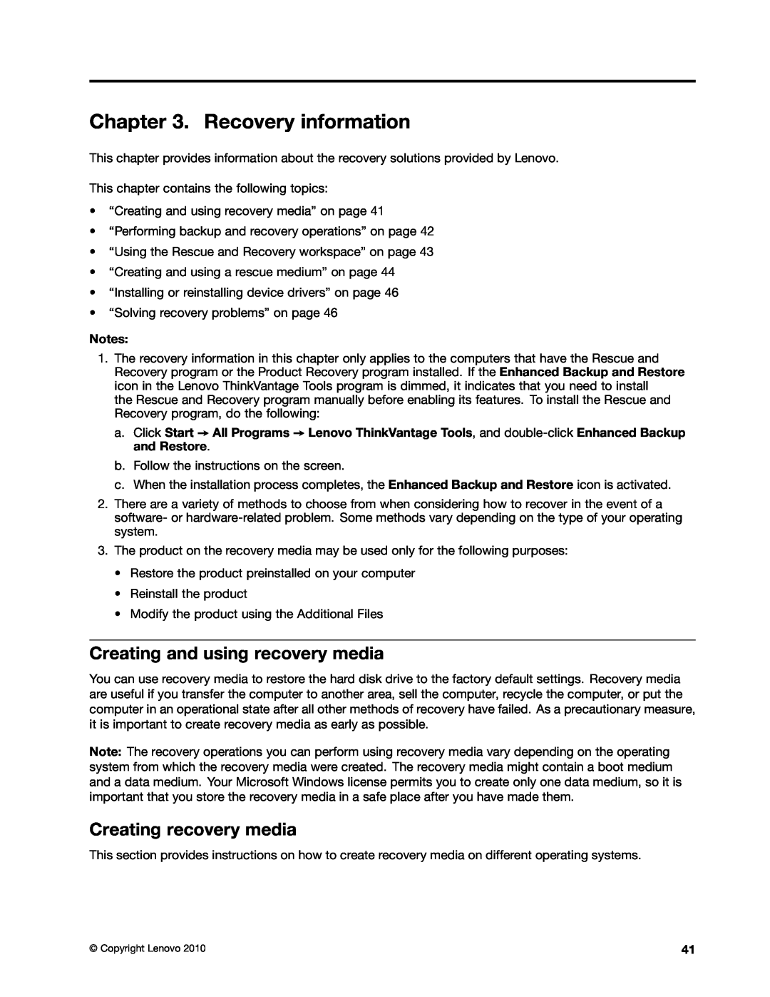 Lenovo 5061, 5063, 5065, 5059, 5053, 5044 Recovery information, Creating and using recovery media, Creating recovery media 