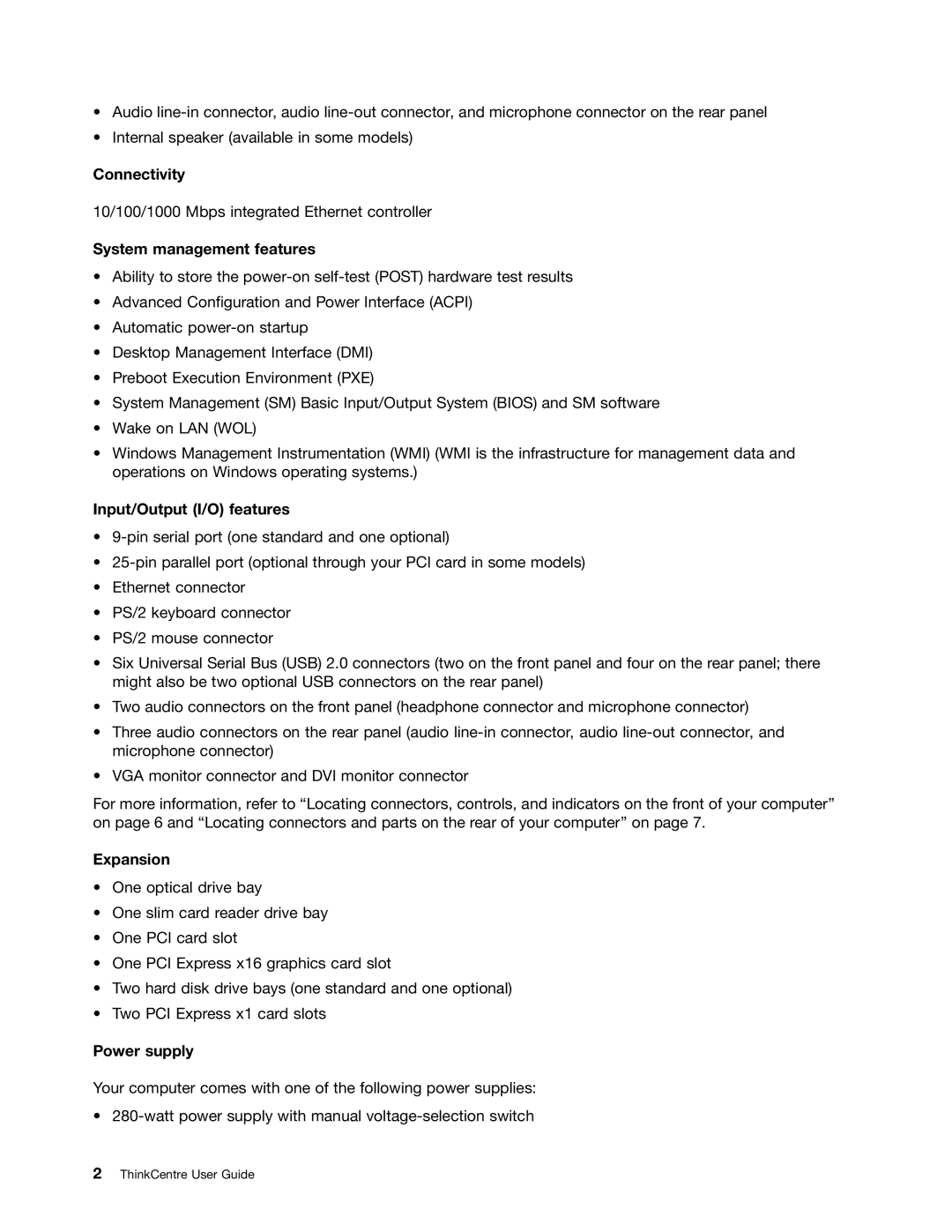 Lenovo 4162, 5063, 5065, 5059 Connectivity, System management features, Input/Output I/O features, Expansion, Power supply 