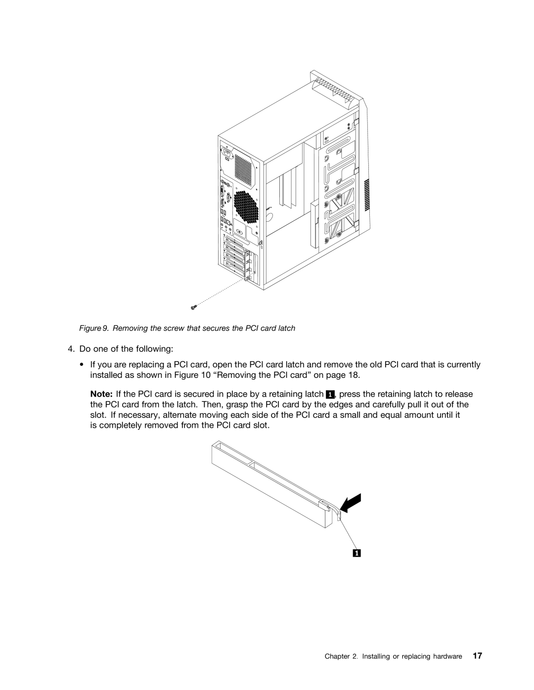 Lenovo 5053, 5063, 5065, 5059, 5044, 5061, 5041, 5051, 5055, 5057, 4162 manual Removing the screw that secures the PCI card latch 