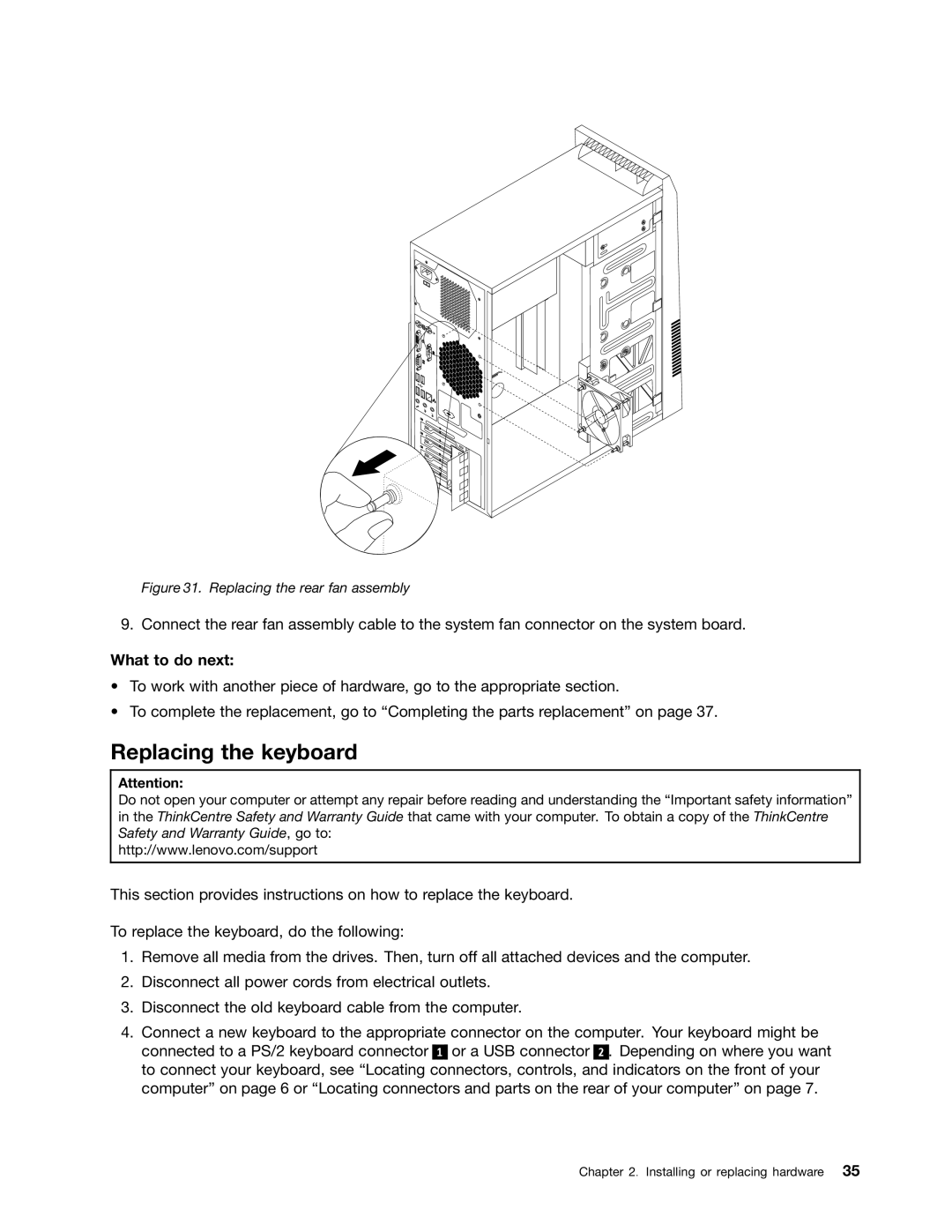 Lenovo 4162, 5063, 5065, 5059, 5053, 5044, 5061, 5041, 5051, 5055, 5057 Replacing the keyboard, Replacing the rear fan assembly 