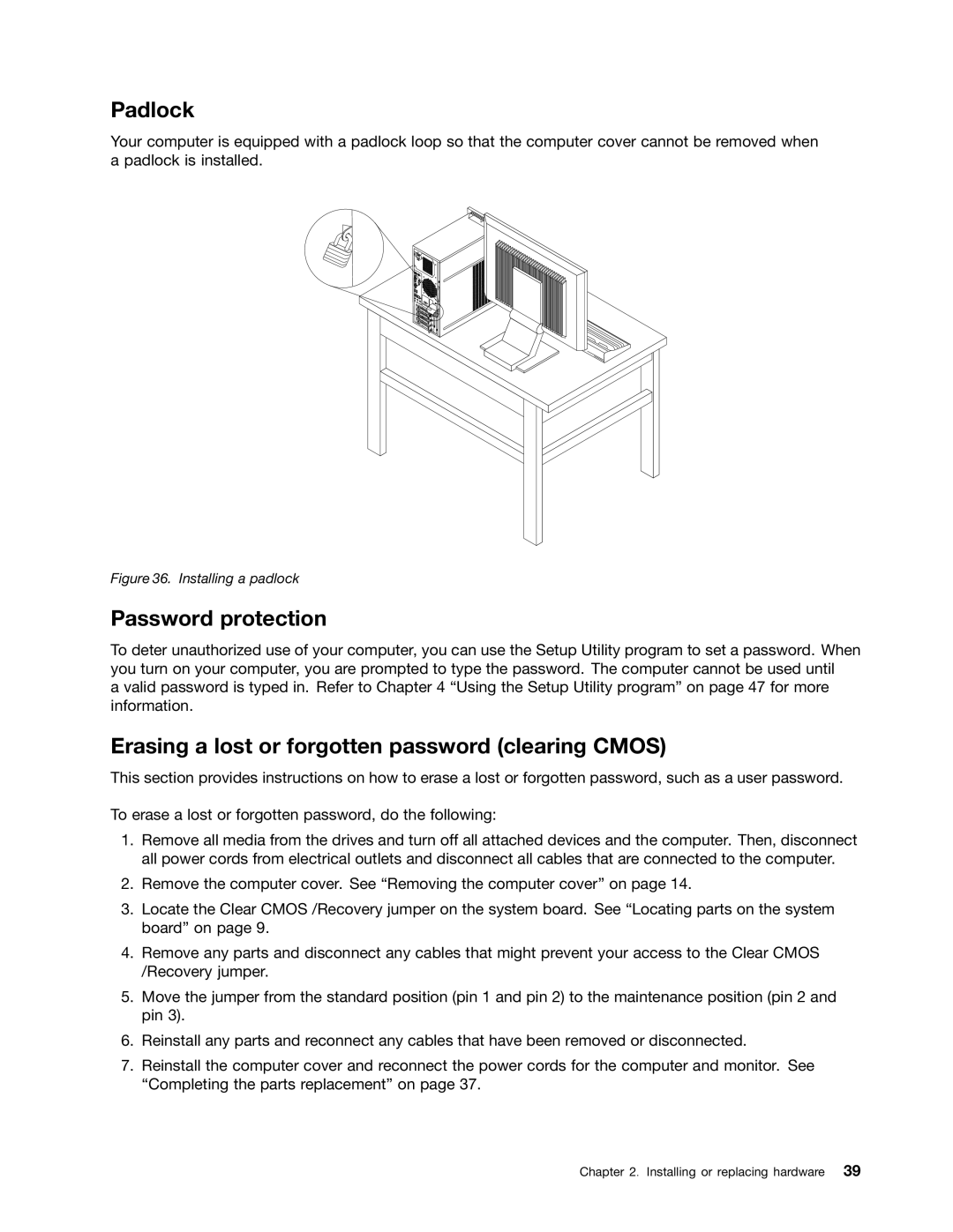 Lenovo 5053, 5063, 5065, 5059, 5044, 5061 Padlock, Password protection, Erasing a lost or forgotten password clearing Cmos 