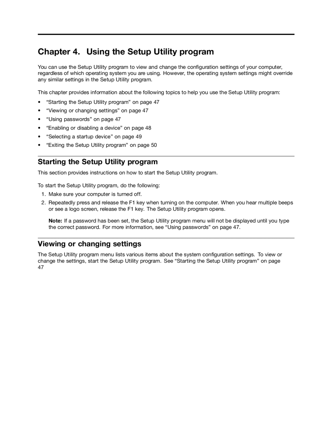 Lenovo 5063, 5065, 5059 Using the Setup Utility program, Starting the Setup Utility program, Viewing or changing settings 