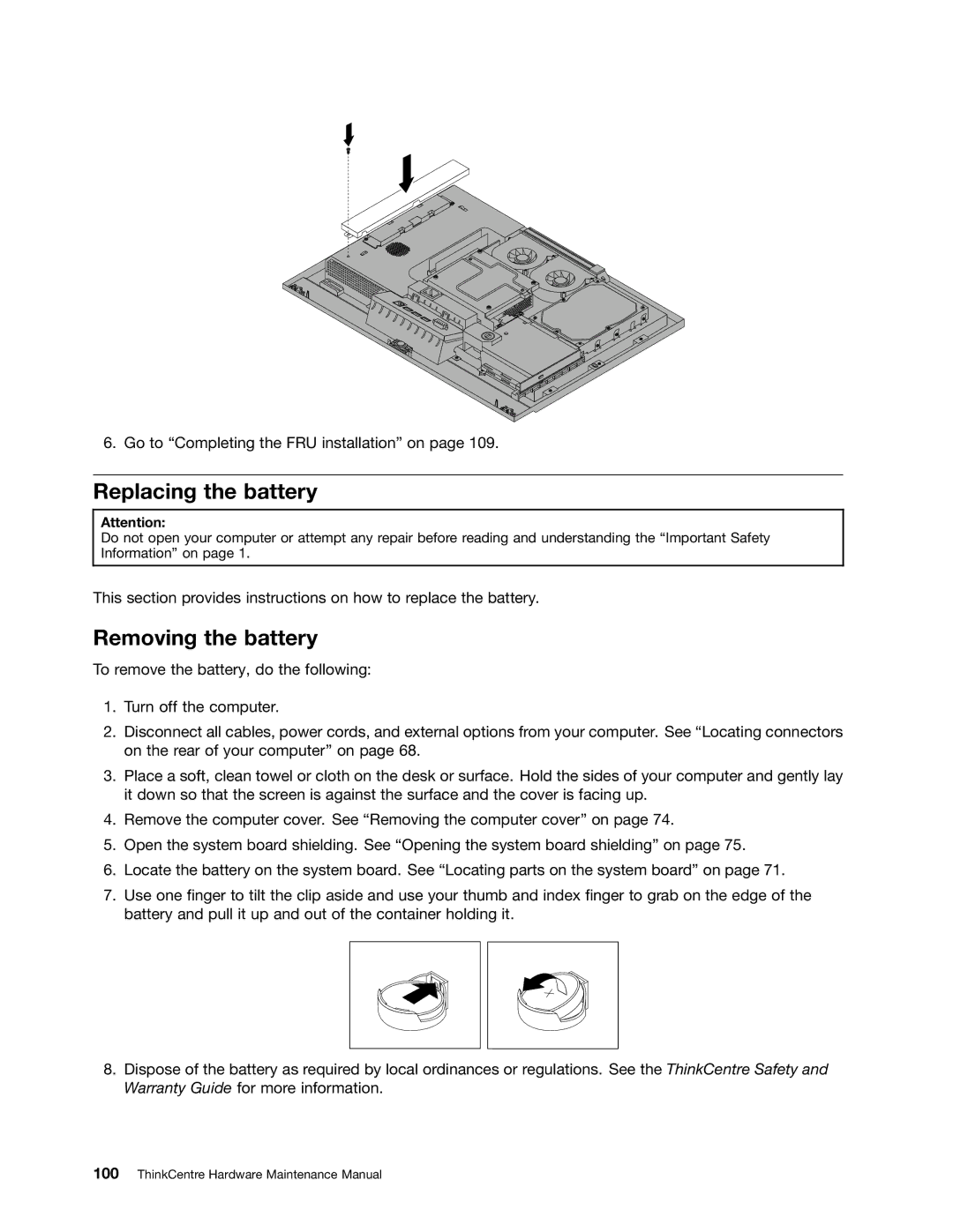 Lenovo 5150, 5106, 5114, 5110 manual Replacing the battery, Removing the battery 