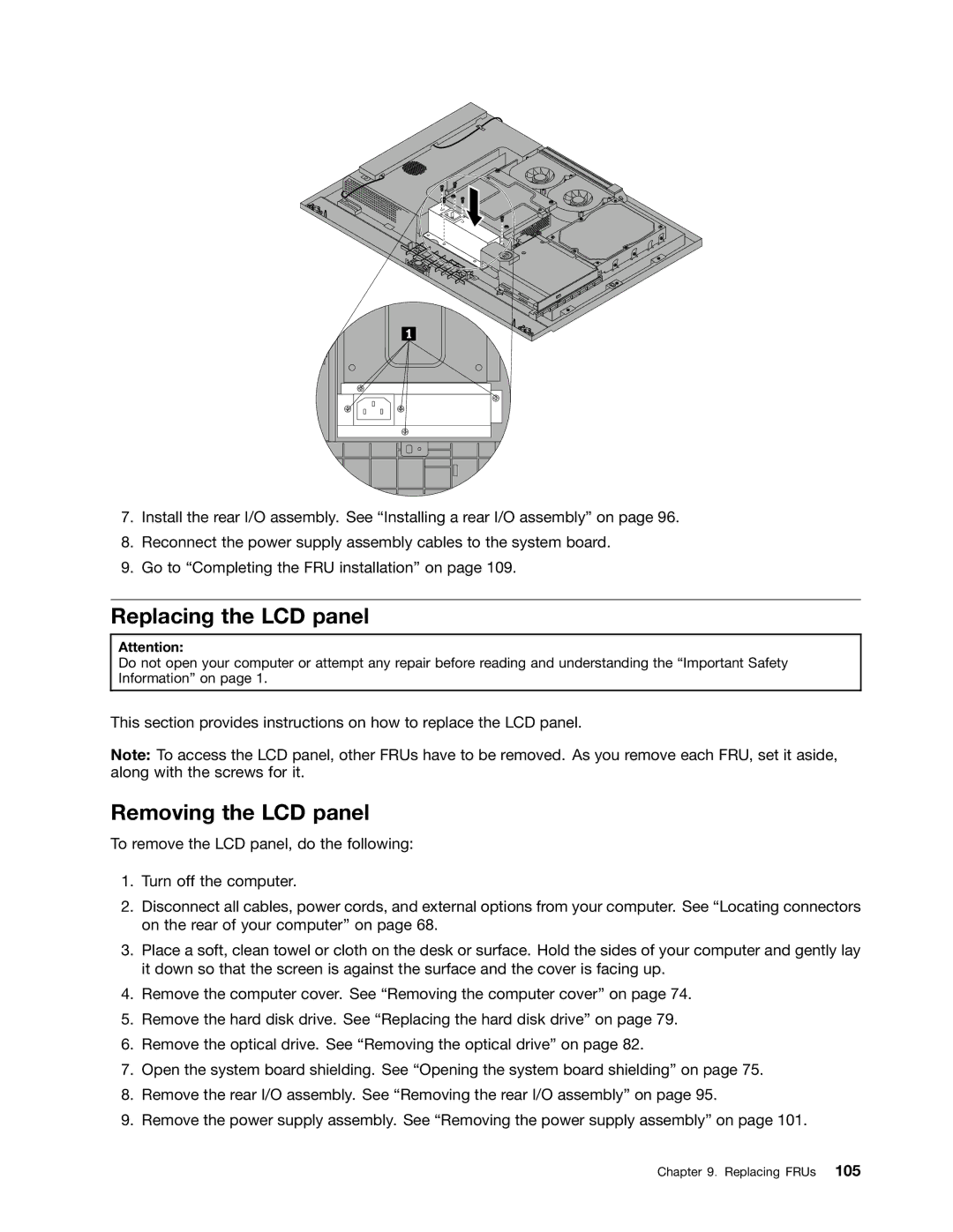 Lenovo 5110, 5106, 5114, 5150 manual Replacing the LCD panel, Removing the LCD panel 