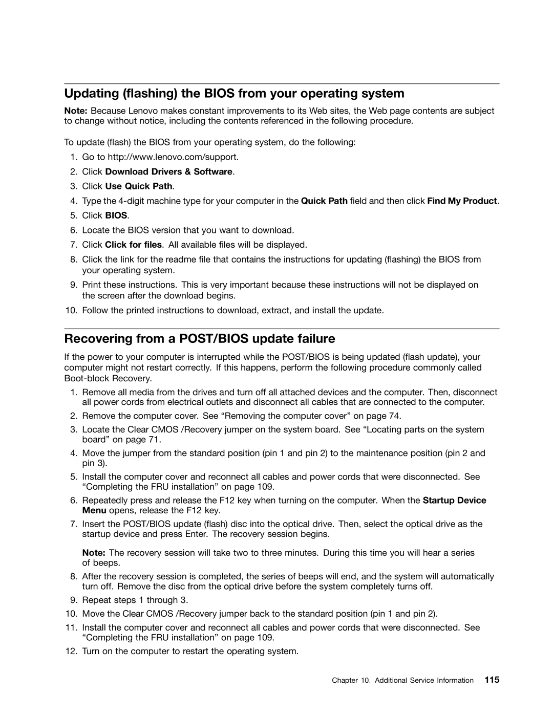 Lenovo 5114, 5106, 5150 Updating flashing the Bios from your operating system, Recovering from a POST/BIOS update failure 