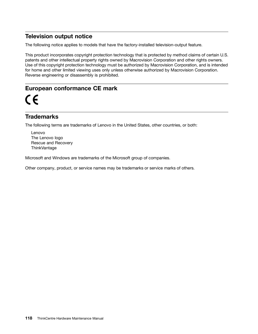 Lenovo 5106, 5114, 5150, 5110 manual Television output notice, European conformance CE mark Trademarks 