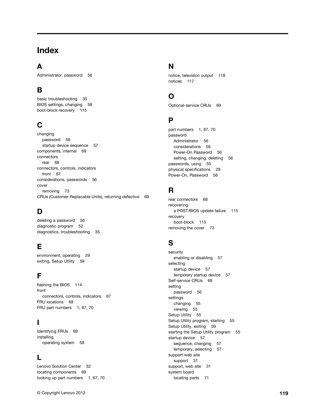 Lenovo 5114, 5106, 5150, 5110 manual Index, 119 