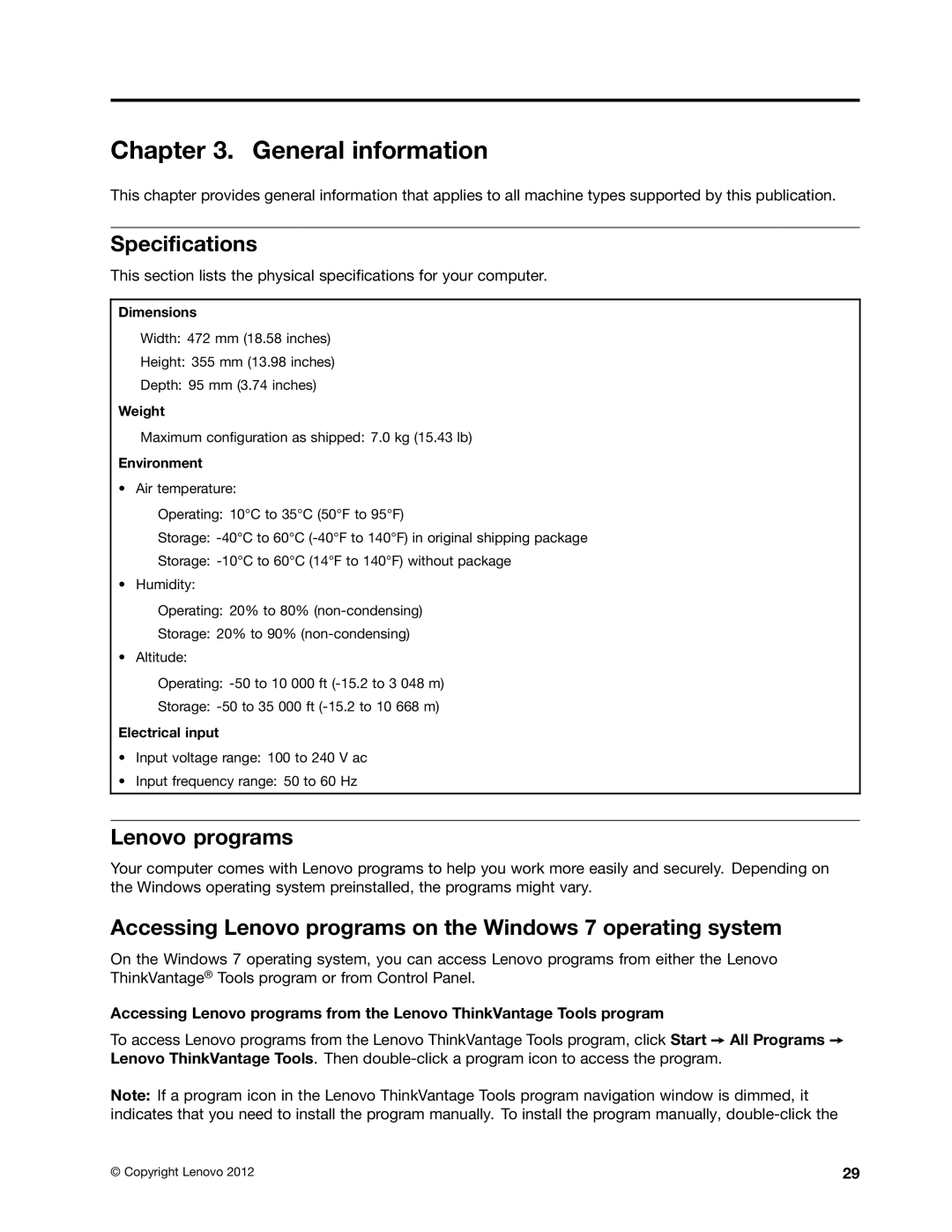 Lenovo 5110, 5106, 5114, 5150 manual General information, Specifications, Lenovo programs 