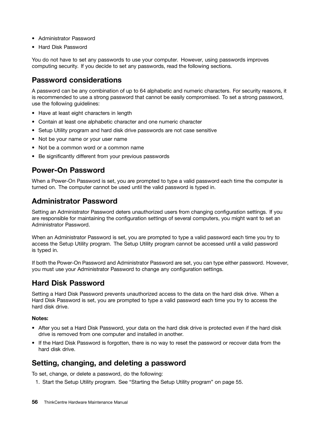 Lenovo 5150, 5106, 5114, 5110 manual Password considerations, Power-On Password, Administrator Password, Hard Disk Password 