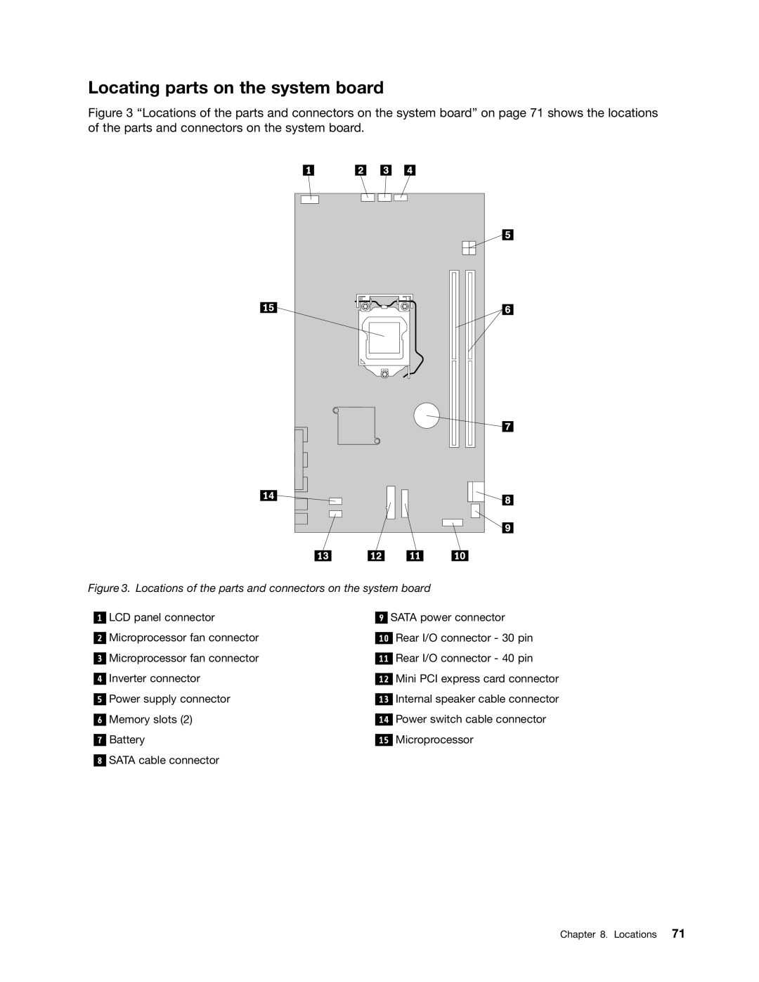 Lenovo 5114, 5106, 5150, 5110 Locating parts on the system board, Locations of the parts and connectors on the system board 