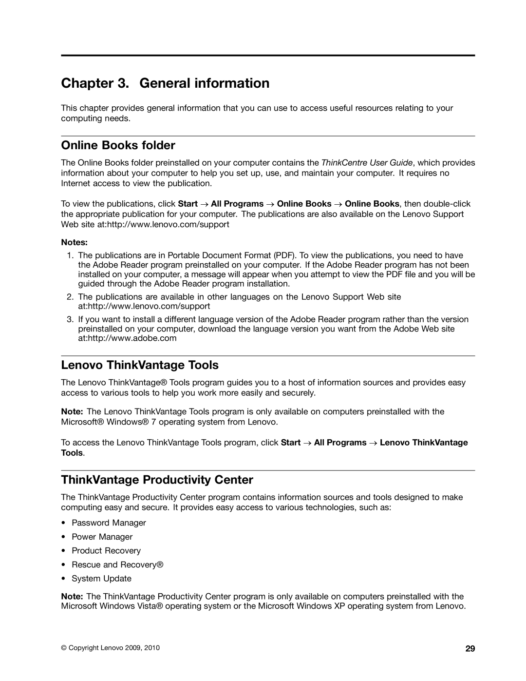 Lenovo 3980, 5214 General information, Online Books folder, Lenovo ThinkVantage Tools, ThinkVantage Productivity Center 