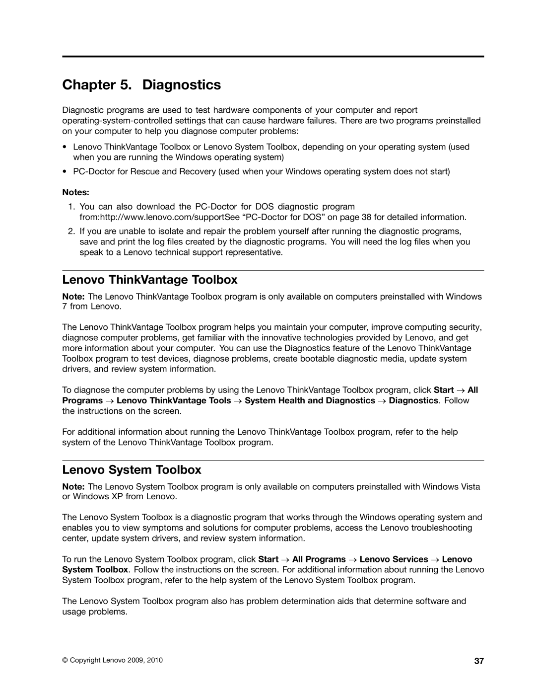 Lenovo 3980, 5214, 5354, 3425 manual Diagnostics, Lenovo ThinkVantage Toolbox, Lenovo System Toolbox 