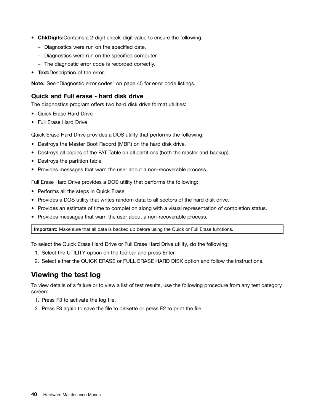 Lenovo 3425, 5214, 5354, 3980 manual Viewing the test log, Quick and Full erase hard disk drive 