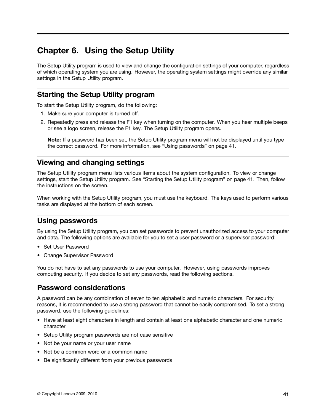 Lenovo 3980 Using the Setup Utility, Starting the Setup Utility program, Viewing and changing settings, Using passwords 