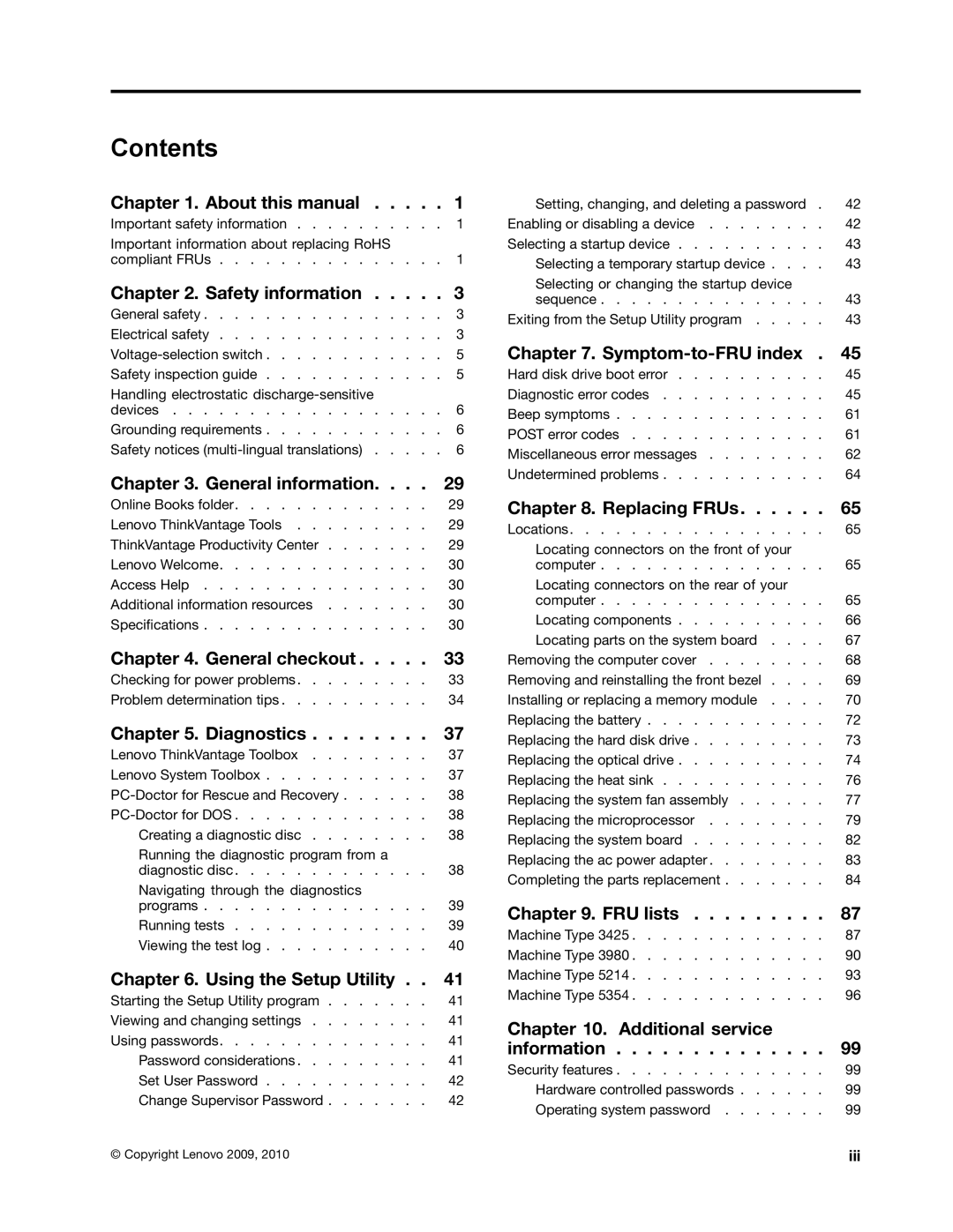 Lenovo 5354, 5214, 3425, 3980 manual Contents 