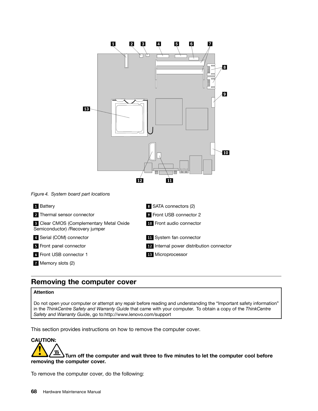 Lenovo 3425, 5214, 5354, 3980 manual Removing the computer cover, System board part locations 