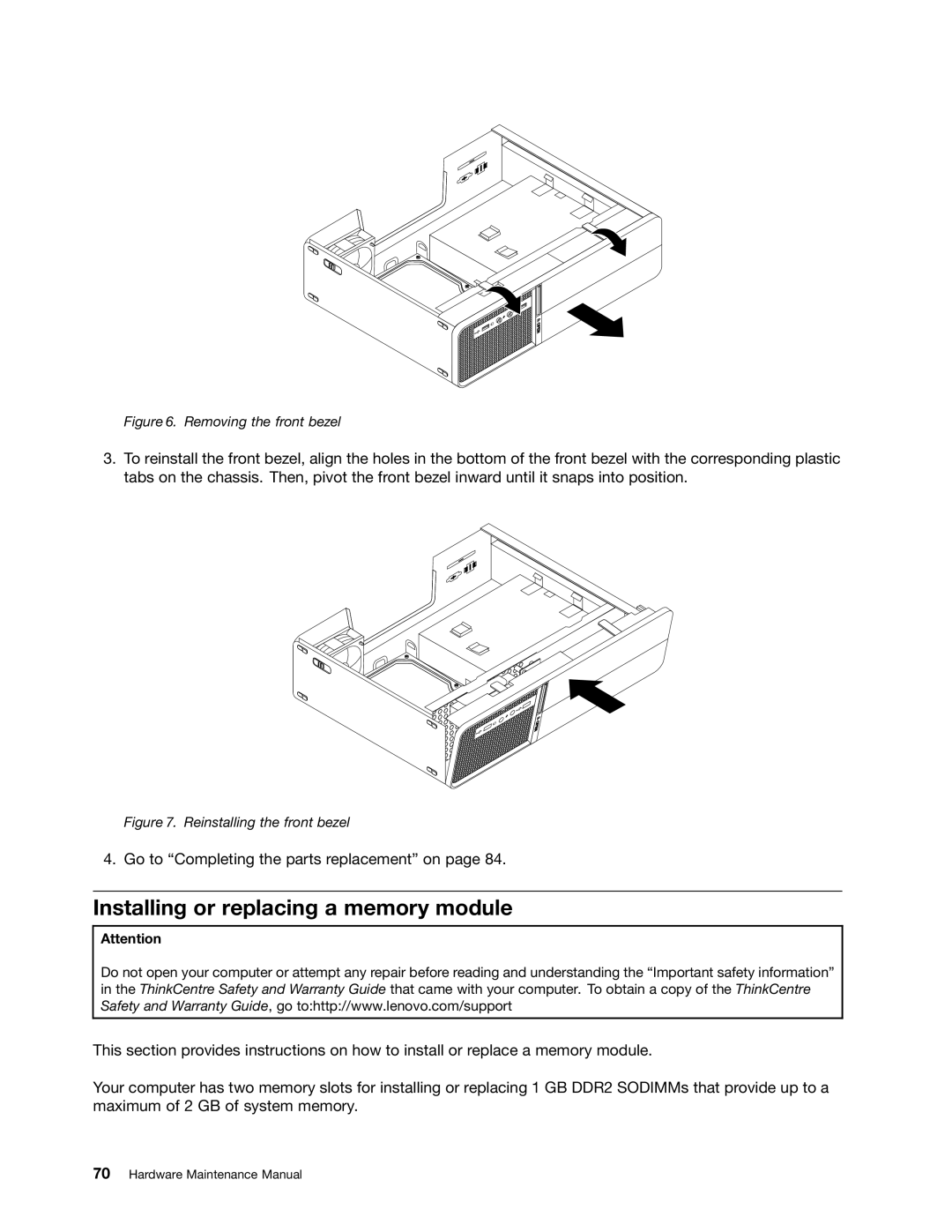 Lenovo 5214, 5354, 3425, 3980 manual Installing or replacing a memory module, Removing the front bezel 