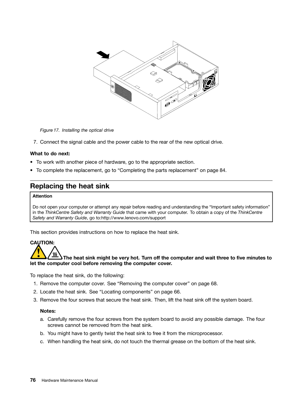 Lenovo 3425, 5214, 5354, 3980 manual Replacing the heat sink, Installing the optical drive 