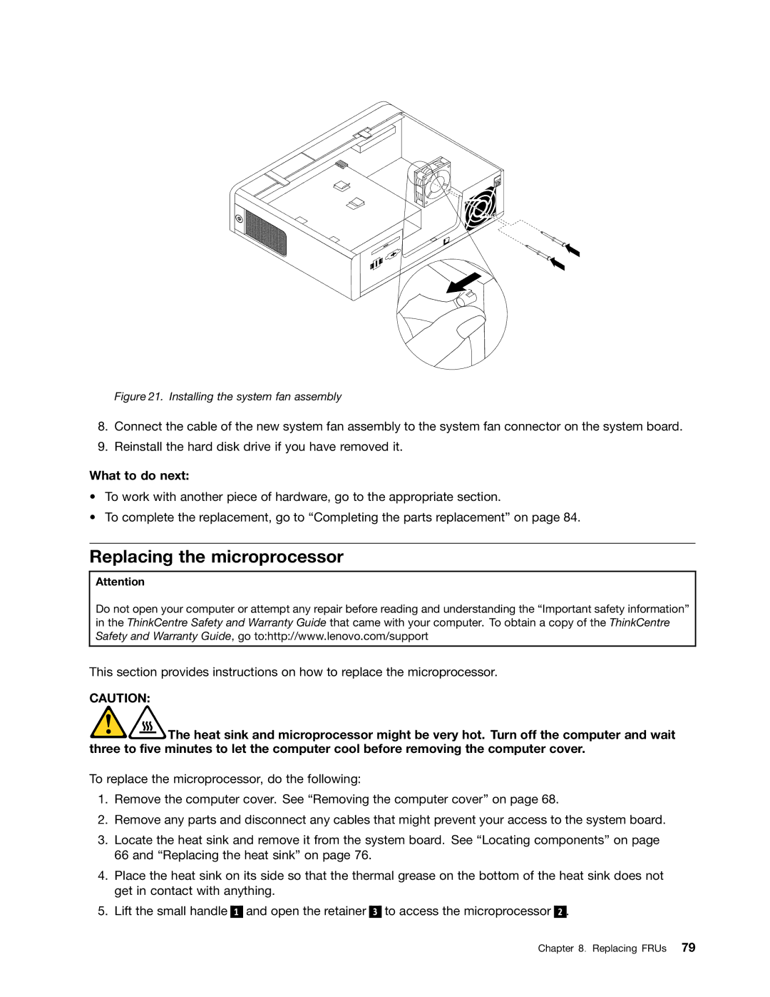 Lenovo 5354, 5214, 3425, 3980 manual Replacing the microprocessor, Installing the system fan assembly 