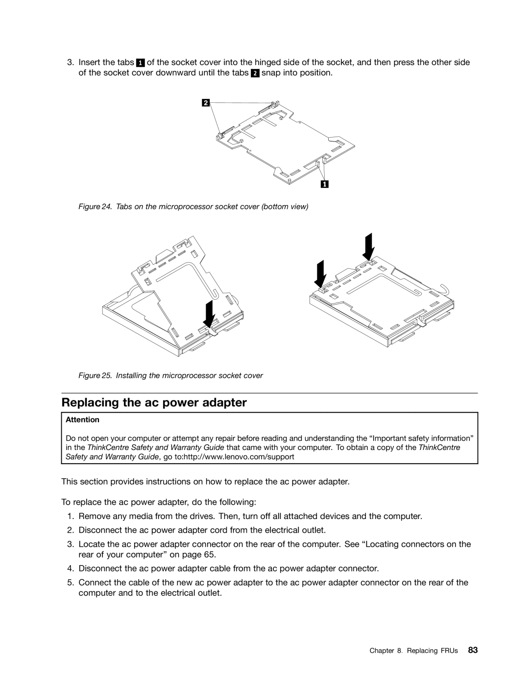 Lenovo 5354, 5214, 3425, 3980 manual Replacing the ac power adapter, Tabs on the microprocessor socket cover bottom view 