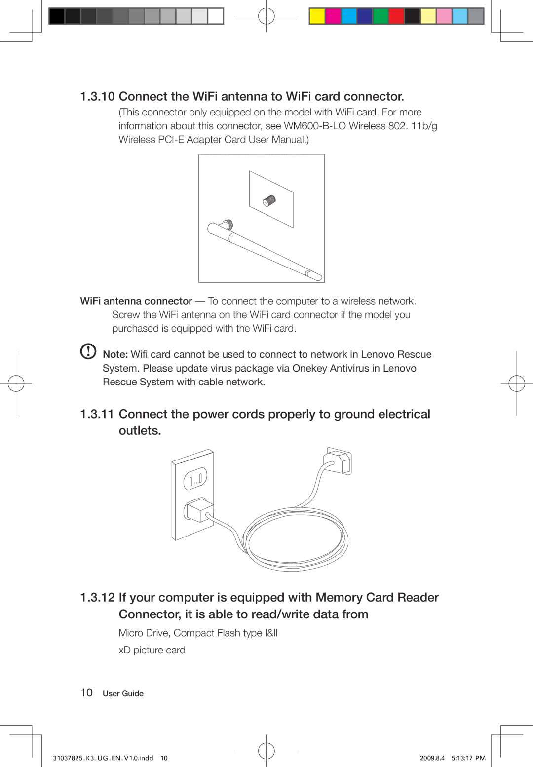 Lenovo K3, 53161BU manual Connect the WiFi antenna to WiFi card connector 