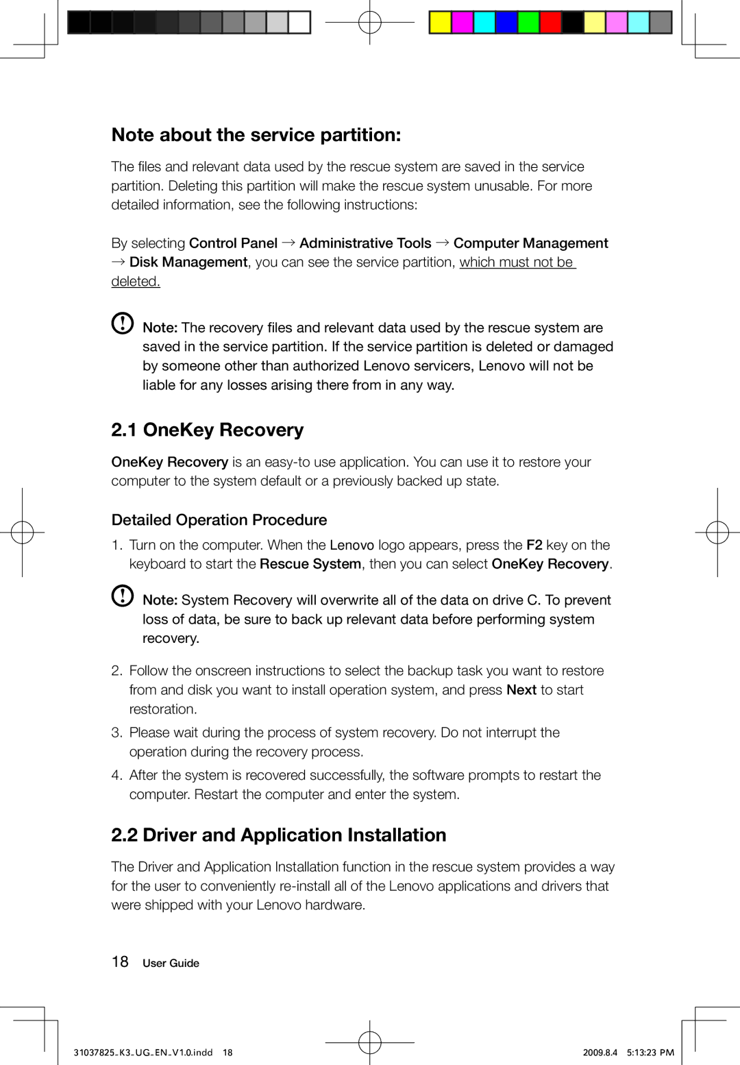 Lenovo K3, 53161BU manual OneKey Recovery, Driver and Application Installation, Detailed Operation Procedure 