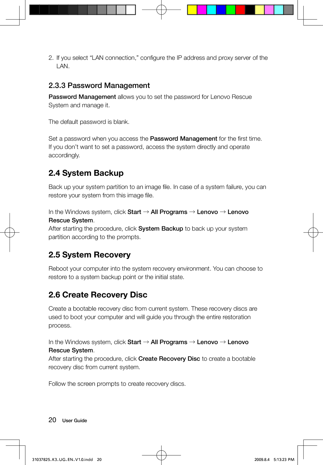 Lenovo K3, 53161BU manual System Backup, System Recovery, Create Recovery Disc, Password Management 