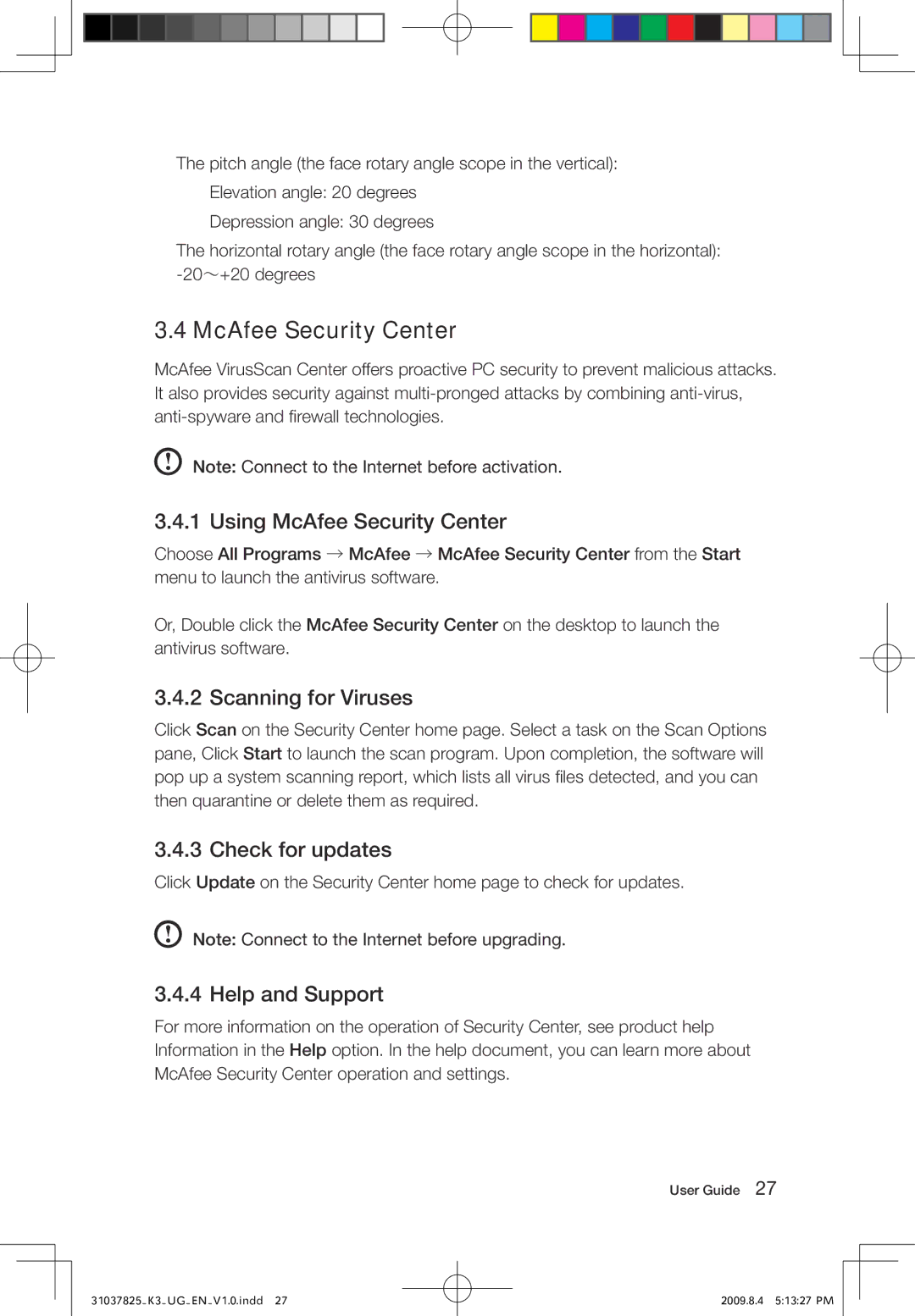 Lenovo 53161BU, K3 manual Using McAfee Security Center, Scanning for Viruses, Check for updates, Help and Support 