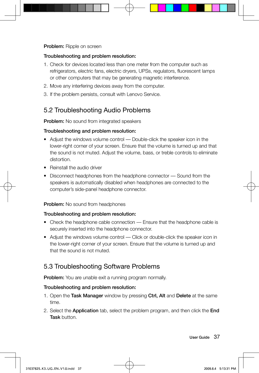 Lenovo 53161BU, K3 manual Troubleshooting Audio Problems, Troubleshooting Software Problems 