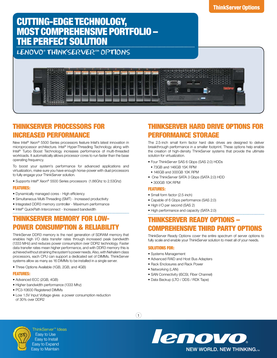 Lenovo 5500 Series manual Thinkserver Processors for Increased Performance, Features, Solutions for 